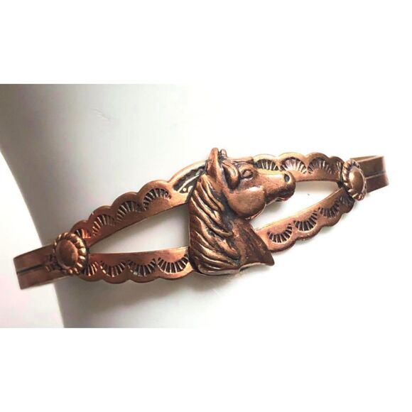 Vintage Jewelry - 1569 Vintage copper signed equestrian horse head cuff bracelet 6"